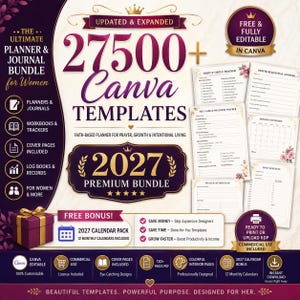 May include: A digital bundle of 27,500+ Canva templates for planners and journals, featuring a 2027 premium collection. The design includes purple and gold accents, with text detailing features like habit trackers, prayer requests, and daily schedules.