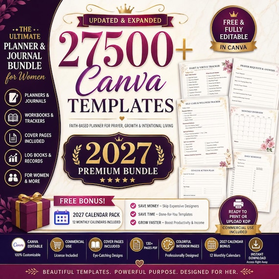27500+ Editable Canva Templates Bundle, 2027 Planner Journal Workbook KDP Interiors, PDF Links, Instant Digital Download