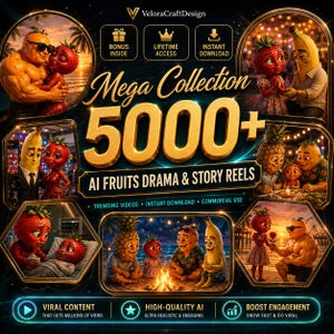 Peut inclure: Une collection numérique de plus de 5000 vidéos dramatiques et narratives générées par IA sur le thème des fruits. Le visuel présente divers personnages de fruits anthropomorphes, dont des fraises, bananes, ananas et oranges, avec du texte doré.