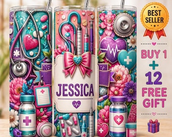 Personalized Nurse Tumbler Wrap, Custom Name 20oz Skinny Sublimation Design, Medical Nurse Gift PNG, CNA, Digital Download Nurse Week Gifts