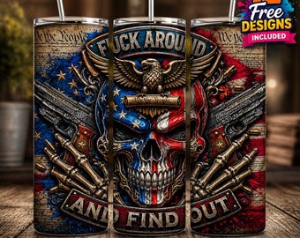 American Skull Flag 20oz Skinny Tumbler Wrap PNG, F Around & Find Out Patriotic Design,2nd Amendment Skull,Sublimation Seamless Wrap,Digital
