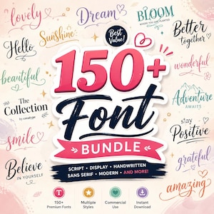 Paquete de 150 fuentes OTF para Cricut, Silhouette, Procreate, GoodNotes, Canva. Fuentes cursivas, de pincel, de escritura a mano, para uso comercial (2026).