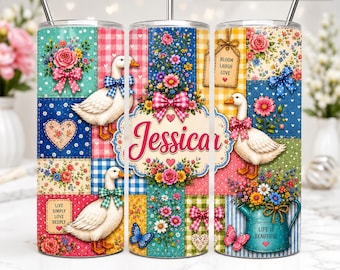 Personalized Goose Tumbler Wrap, Goose Patchwork 20oz Skinny Tumbler Sublimation, Cottage Garden Design, , Trendy Png, Digital Download