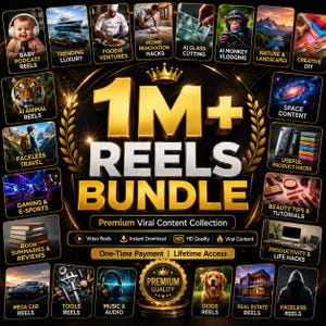Könnte beinhalten: Eine digitale Marketinggrafik mit dem Titel 1M+ REELS BUNDLE Premium Viral Content Collection, mit goldenem Text und einem Kronensymbol. Das Layout enthält zahlreiche kleine quadratische Bilder, die verschiedene Videonischen wie Reisen, Essen, Technik und Tiere zeigen.