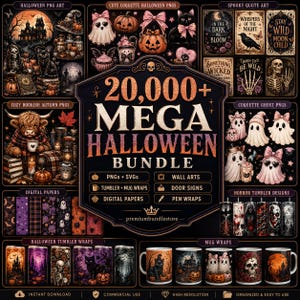 Può includere: Una collezione digitale di 20.000 grafiche a tema Halloween, inclusi PNG, SVG, decorazioni murali, rivestimenti per bicchieri e tazze, insegne per porte e rivestimenti per penne con fantasmi, scheletri, zucche e gatti neri.
