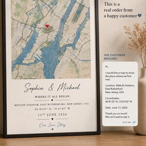 May include: A framed map print featuring a stylized aerial view of a location with a red heart icon. The text reads Sophia & Michael, WHERE IT ALL BEGAN, METLIFE STADIUM, EAST RUTHERFORD, NEW JERSEY, USA, 40.8135 N, 74.0742 W, 13TH JUNE 2026, Our Love Story.