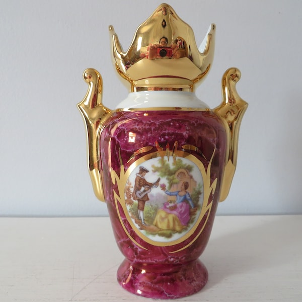 Vintage Limoges France Gilded Vase - Burgundy Marble - Fragonard Courting Couple - Two Lovers - Rococo Scene