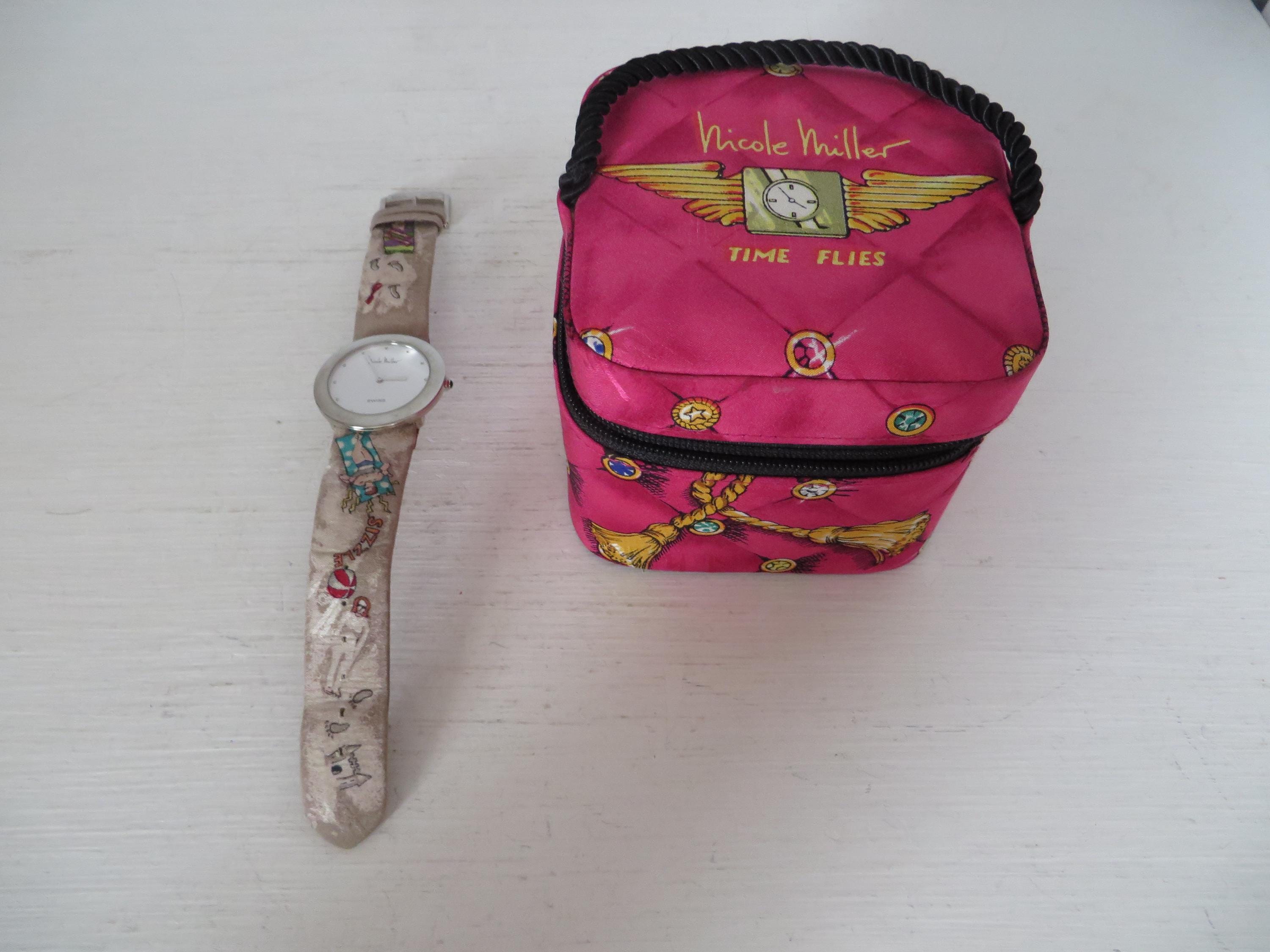 Vintage Nicole Miller Time Flies Silk Watch 1993 Graphic Print Clock Case Works Vintage Nicole Miller Watch - Time Flies Edition Beach Theme  main image 4