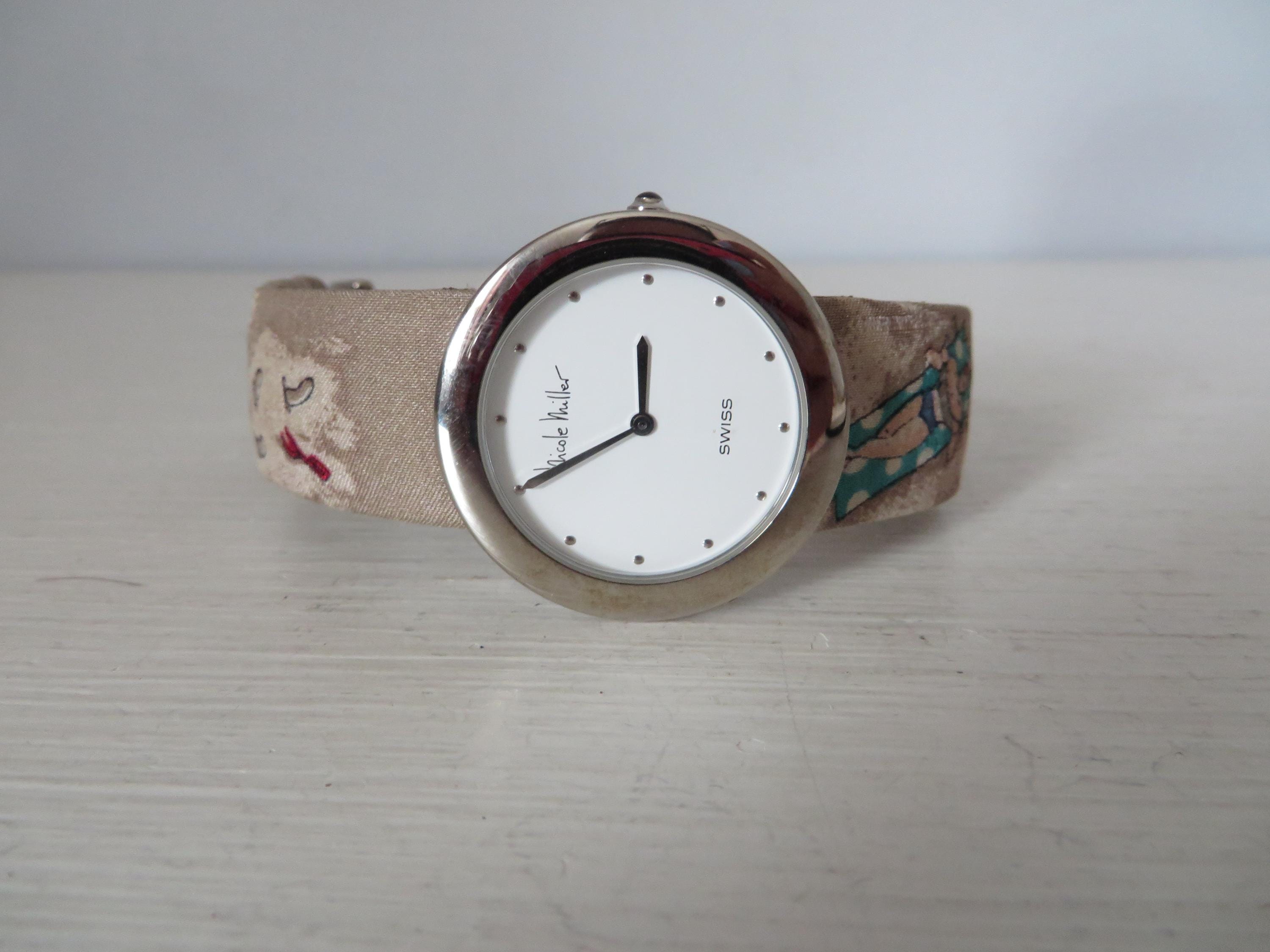 Vintage Nicole Miller Time Flies Silk Watch 1993 Graphic Print Clock Case Works Vintage Nicole Miller Watch - Time Flies Edition Beach Theme  main image 3