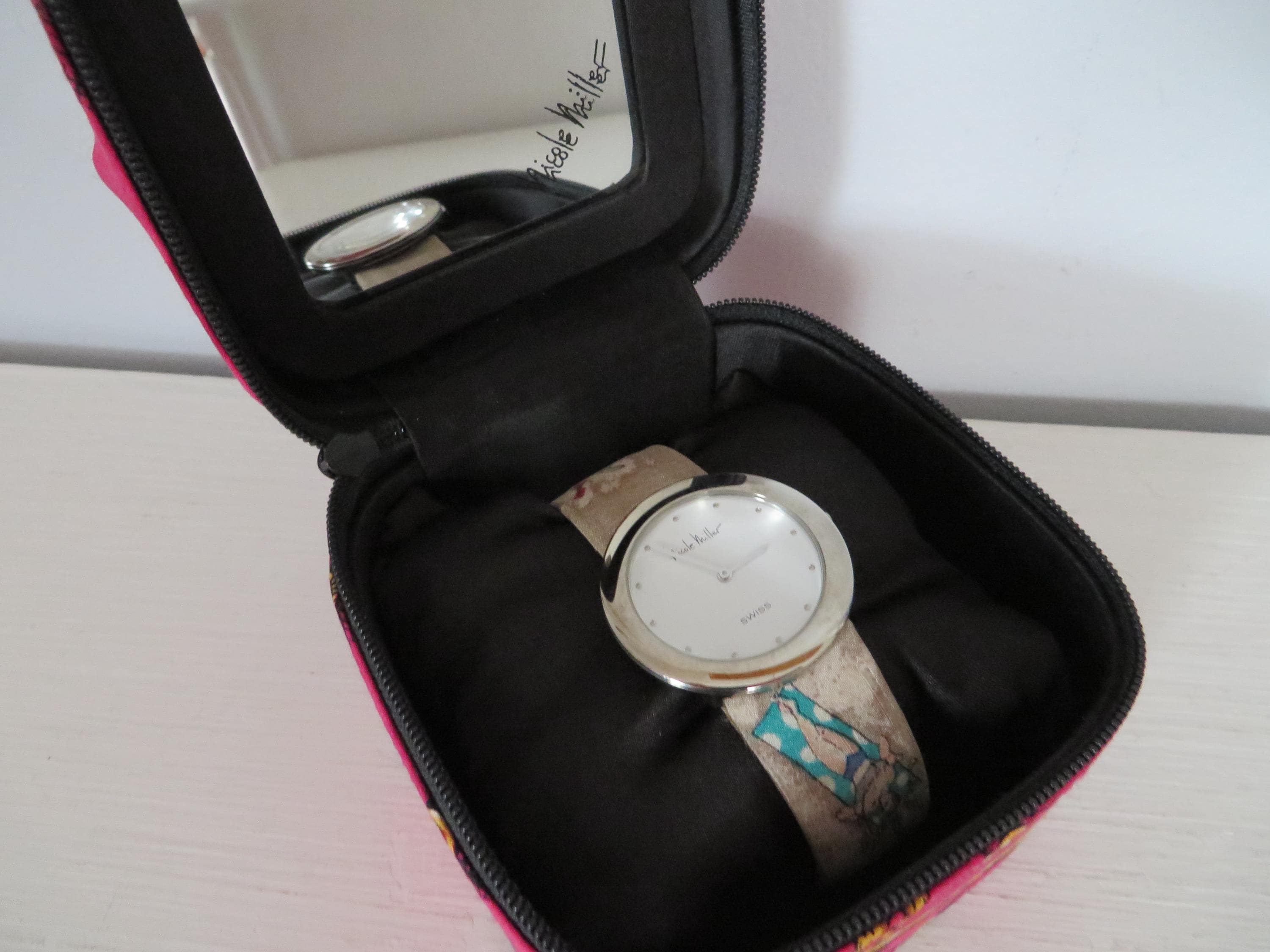 Vintage Nicole Miller Time Flies Silk Watch 1993 Graphic Print Clock Case Works Vintage Nicole Miller Watch - Time Flies Edition Beach Theme  main image 2