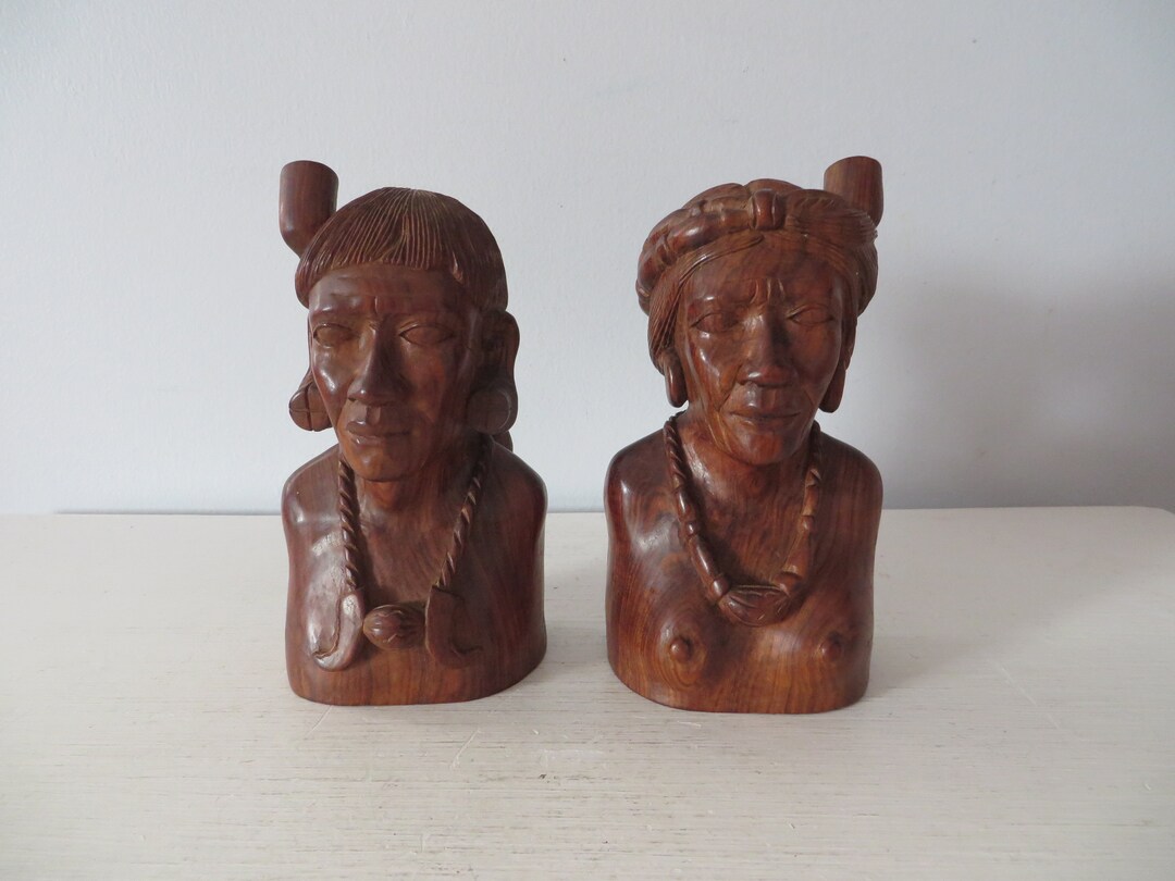 Vintage Hand Carved Igorot Tribe Male and Female Busts Filipino Culture