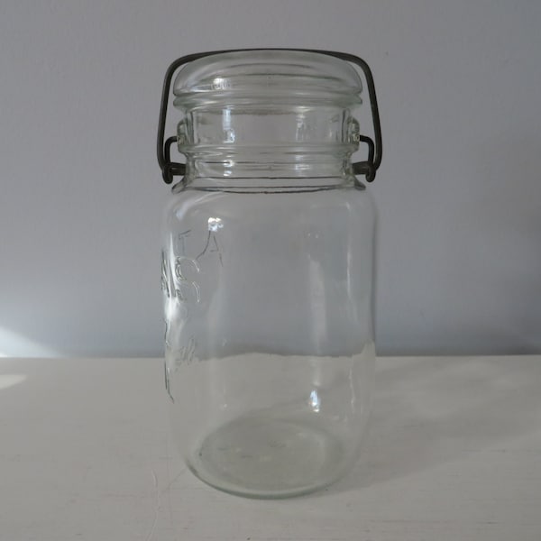 Vintage Hazel Atlas "E-Z Seal" Glass Mason Jar - Quart Size - Canning Preserves Jar - With Glass Lid and Bail Closure