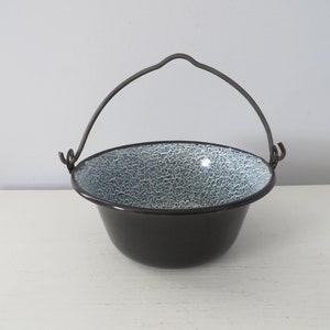 Vintage Enamelware Cooking Pot - Camp Cookware - Agateware Swirled Design - Black, White, Grey