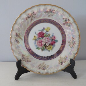 Vintage Ceramic Iridescent Decorative Roses Plate with Gold Accents and Gold Trim - Japan