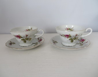 Vintage "Moss Rose" Pair of Porcelain Teacups and Saucers