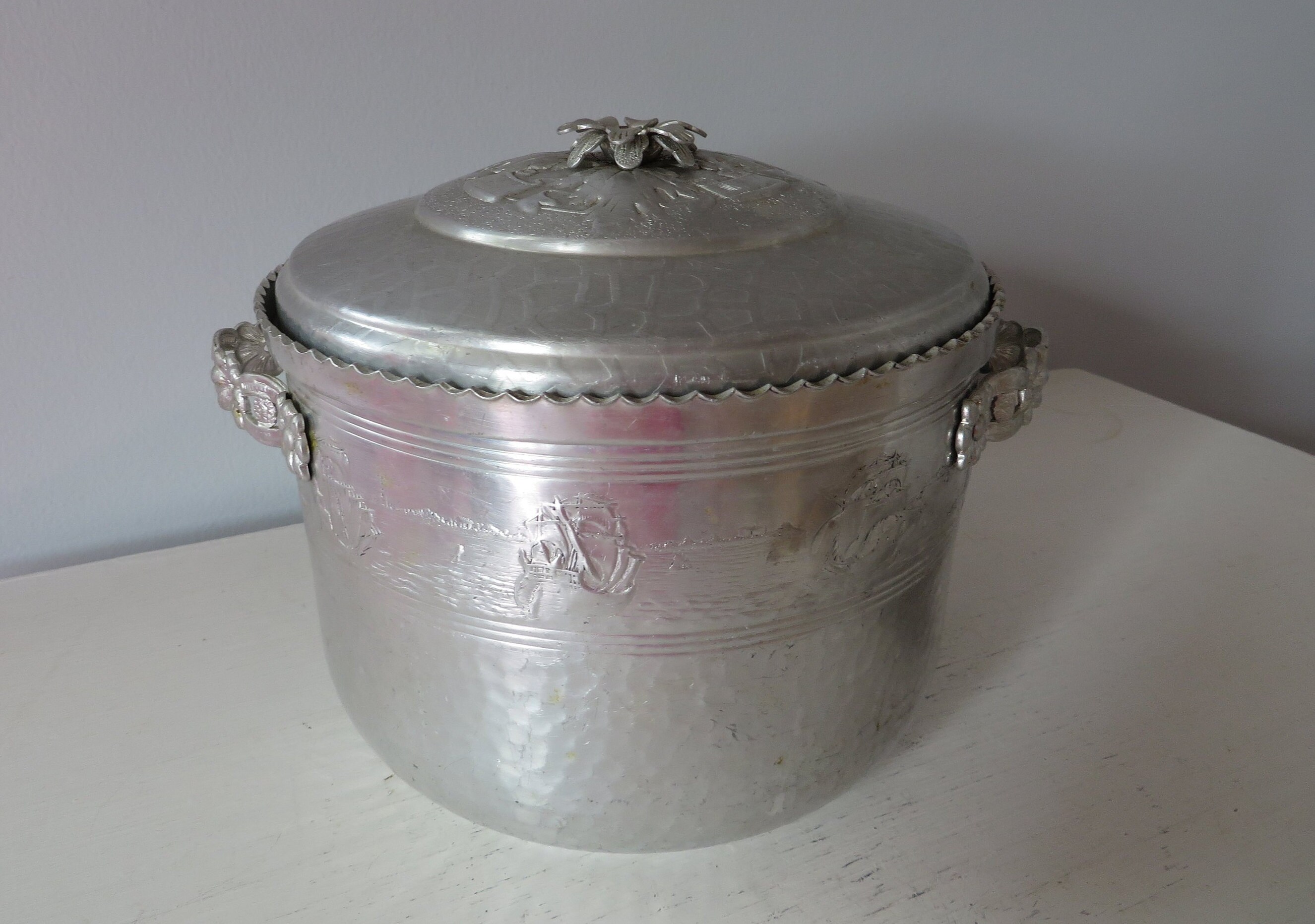 Hammered Aluminum Ice Bucket with Tongs and embossed drink recipes on