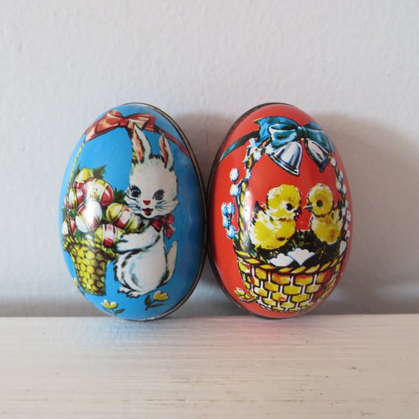 Vintage Easter Candy Egg Tins - Pair of Red & Blue - Litho Image