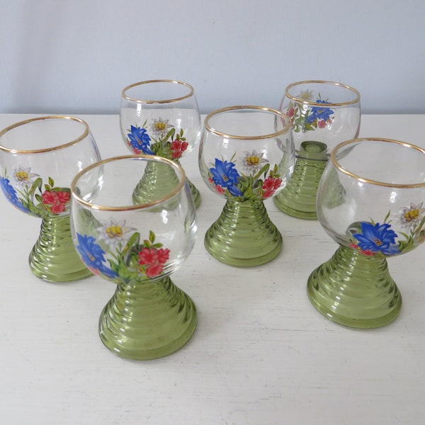 Vintage Floral & Green Ribbed Stem Cordial Glasses - Set of Six - Light Green Roemer Glass - Beehive Stem - Botanical Print