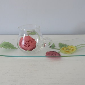 Vintage Glass Creamer with Serving Tray - Pink and Yellow Flower Print