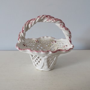 Vintage Ceramic White Open Weave Handled Basket - Made in Portugal