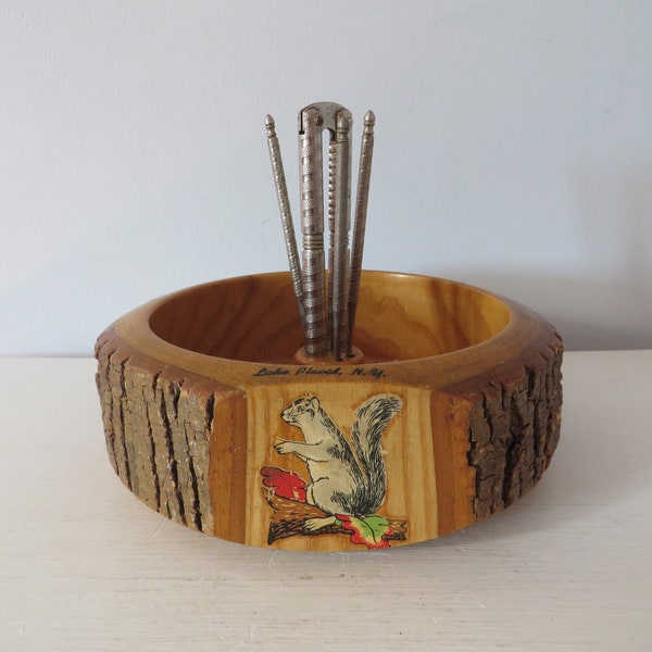 Vintage Wood and Bark Live Edge Nut Bowl with Cracker and Picks - Lake Placid, N.Y.