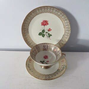 Vintage Winterling Bavaria Trio Teacup Set - Pink Rose with Ornate Gold Pattern
