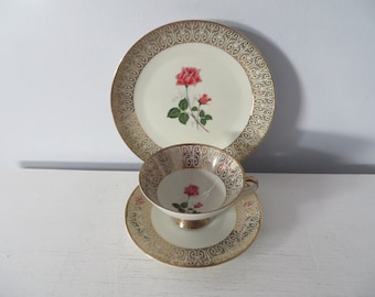 Vintage Winterling Bavaria Trio Teacup Set - Pink Rose with Ornate Gold Pattern