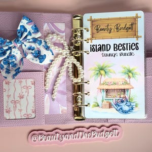 Puede incluir: Una carpeta de seis anillas de color morado claro con un lazo blanco de personajes Stitch azules, un abalorio de perlas blancas y una tarjeta de ahorro titulada Beauty in Budgett Island Besties Savings Bundle con una cabaña tropical.