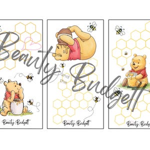 May include: Three vertical panels featuring Winnie the Pooh illustrations with yellow honeycomb patterns and bees. The character is shown with honey pots in various poses. Each panel includes the text Beauty Budget at the bottom.