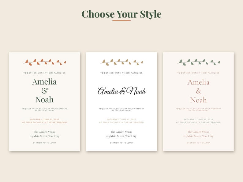 May include: Three wedding invitation templates with the heading Choose Your Style. Each card features a leaf branch graphic, the text Together with their families, Amelia & Noah, and event details including date, time, and location in black or pink.