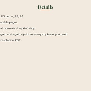May include: A digital document titled Details with a list of specifications: Sizes: US Letter, A4, A5; 13 printable pages; Print at home or at a print shop; Use again and again &ndash; print as many copies as you need; High-resolution PDF.