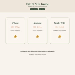 May include: A digital file and size guide for phone wallpapers featuring three sections for iPhone, Android, and compatibility. It lists resolutions of 1290 x 2796 px and 1080 x 2400 px, specifies 40 JPG files, and notes compatibility with iOS and Android.