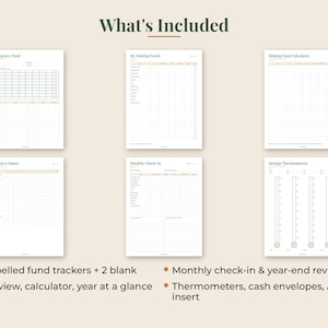 May include: A set of six financial planning pages titled What's Included, featuring an Emergency Fund, My Sinking Funds, Sinking Fund Calculator, Year at a Glance, Monthly Check-in, and Savings Thermometers with text detailing fund trackers.