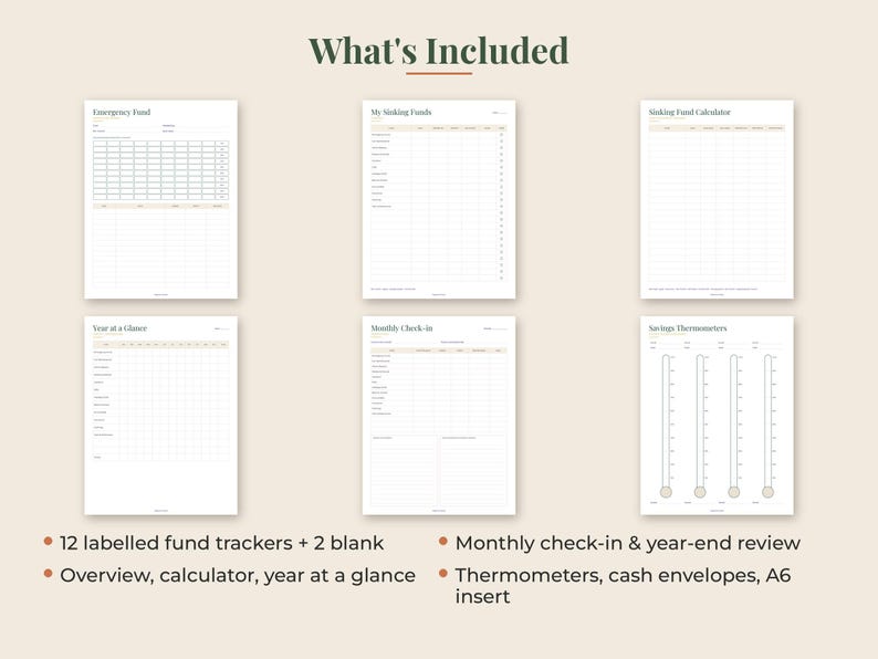 May include: A set of six financial planning pages titled What's Included, featuring an Emergency Fund, My Sinking Funds, Sinking Fund Calculator, Year at a Glance, Monthly Check-in, and Savings Thermometers with text detailing fund trackers.
