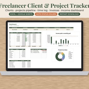 May include: A digital freelancer client and project tracker displayed on a laptop screen. The dashboard features tables for income, project pipelines, time logs, and invoices, alongside a bar chart for income goals and a pie chart for project status.
