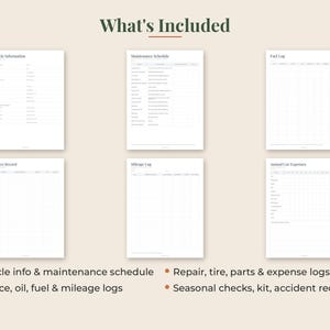 Puede incluir: Un conjunto de seis plantillas digitales de seguimiento de veh&iacute;culos con el texto What's Included. Las p&aacute;ginas contienen formularios para Vehicle Information, Maintenance Schedule, Fuel Log, Service Record, Mileage Log y Annual Car Expenses.