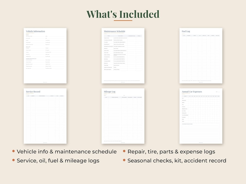 Puede incluir: Un conjunto de seis plantillas digitales de seguimiento de veh&iacute;culos con el texto What's Included. Las p&aacute;ginas contienen formularios para Vehicle Information, Maintenance Schedule, Fuel Log, Service Record, Mileage Log y Annual Car Expenses.