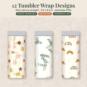 May include: A digital collection of 12 tumbler wrap designs for 20oz skinny straight tumblers, measuring 9.3 x 8.2 inches. The designs feature seamless patterns including floral motifs, green eucalyptus leaves, and rainbows on a light background.