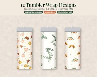 Tumbler Wrap PNG Bundle, 12 Floral Boho 20oz Skinny Sublimation Designs