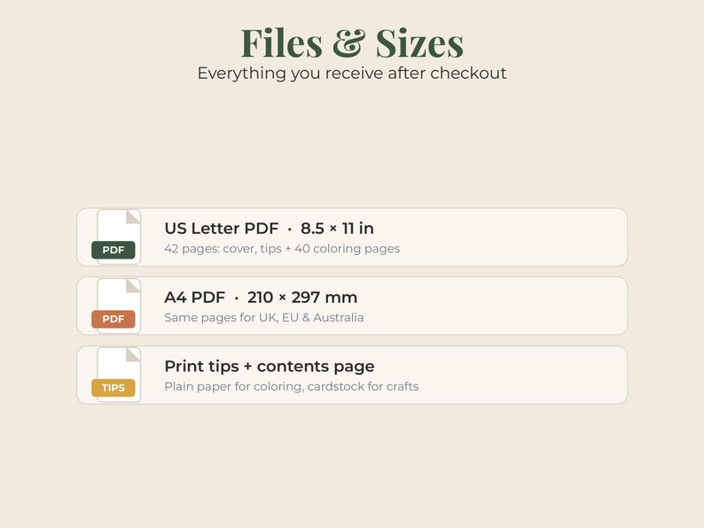 May include: A digital file information graphic titled Files & Sizes. It lists a US Letter PDF at 8.5 x 11 inches with 42 pages, an A4 PDF at 210 x 297 mm for UK, EU & Australia, and a section for print tips and contents page for coloring.