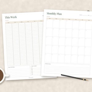 May include: Two white paper planner sheets featuring a weekly schedule titled This Week and a monthly calendar titled Monthly Plan. The weekly sheet includes columns for days and sections for goals and tasks. The monthly sheet has a grid layout.