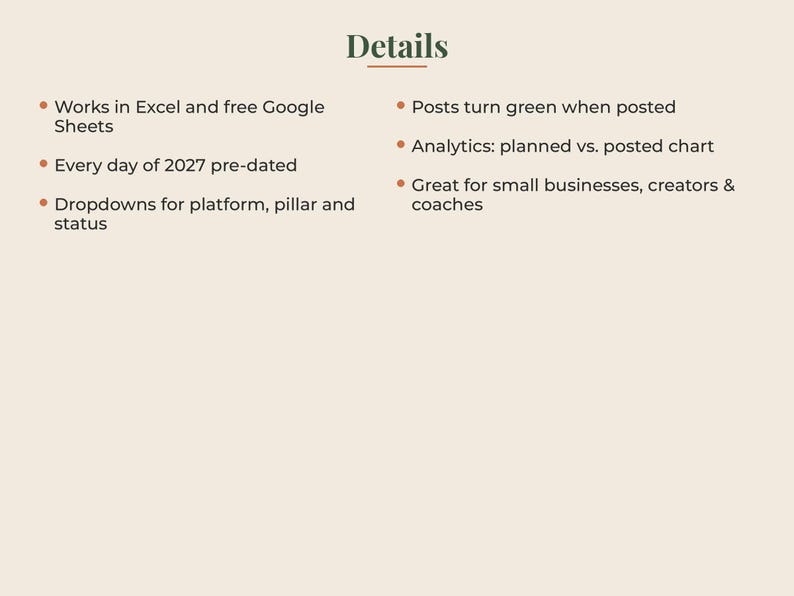 May include: A digital planner information sheet with the heading Details. It lists features: works in Excel and Google Sheets, pre-dated for 2027, includes dropdowns for platform, pillar, and status, posts turn green when posted, and an analytics chart.