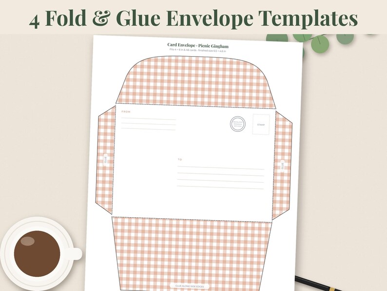 May include: A printable envelope template featuring a light pink and white gingham pattern. The flat layout includes designated areas for sender and recipient addresses, a stamp box, and fold lines. The text reads 4 Fold & Glue Envelope Templates.