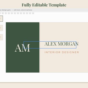 May include: A digital presentation template featuring a split-screen design with a dark green panel on the left and a cream panel on the right. The text reads AM, ALEX MORGAN, and INTERIOR DESIGNER. The interface shows edit text, colors & photos.