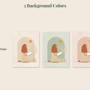 May include: Three rectangular art prints featuring a person reading a book under an archway with a sun and dried grass. The text reads 3 Background Colors, Cream, Sage, and Blush. Each print displays a different background color option.
