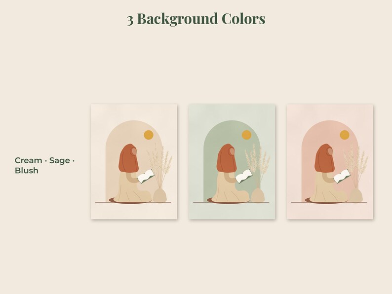 May include: Three rectangular art prints featuring a person reading a book under an archway with a sun and dried grass. The text reads 3 Background Colors, Cream, Sage, and Blush. Each print displays a different background color option.