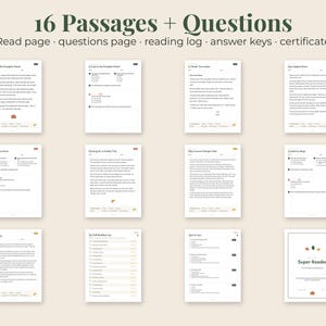 May include: A collection of 16 educational reading passages and questions printed on white paper. The set includes reading pages, question pages, a reading log, answer keys, and a Super Reader certificate. The text is black with small icons.