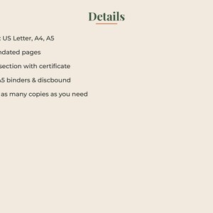 May include: A digital document titled Details listing product specifications: US Letter, A4, and A5 sizes, 49 undated pages, a kids section with a certificate, compatibility with A5 binders and discbound systems, and unlimited printing capabilities.