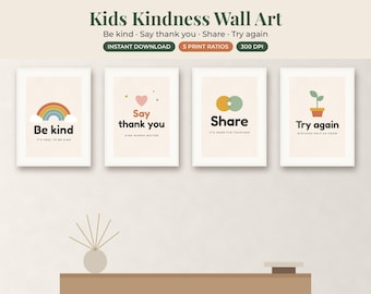 Kids Wall Art Set of 4, Be Kind Printable Posters, Playroom Affirmations Decor