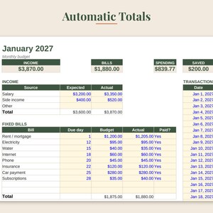 May include: A digital budget spreadsheet titled Automatic Totals for January 2027. The layout includes sections for Income, Fixed Bills, and Transactions with columns for expected and actual amounts in dollars, featuring dark green headers.